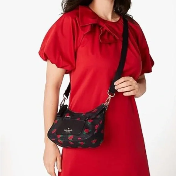 Kate Spade NewYork Chelsea Black Nylon Crossbody Bag & Pouch Red Roses KE437 - Picture 8 of 9